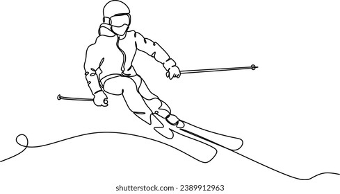 Línea continua de esquí y snowboard.Ilustración muestra que un atleta realiza un salto desde un trampolín hasta el esquí. Salto de esquí. Ilustración del vector