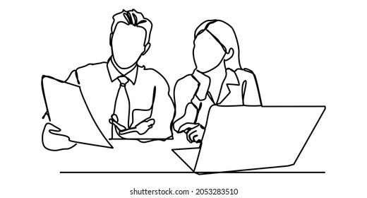 continuous line Skinned woman pointing finger at laptop computer during work
