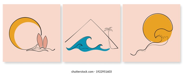 Continuous line sky sea mountain simple line summer poster postcard hand drawn vector illustration