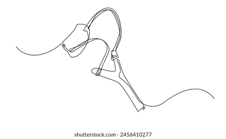continuous line slingshot.one line drawing of wooden slingshot,rustic children's toy.stone thrower with tree branches and rubber.single line vector svg