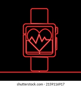 Continuous line Smart watch showing heart beat rate neon concept