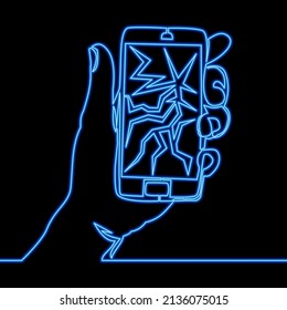 Línea continua Smartphone con pantalla rota neón