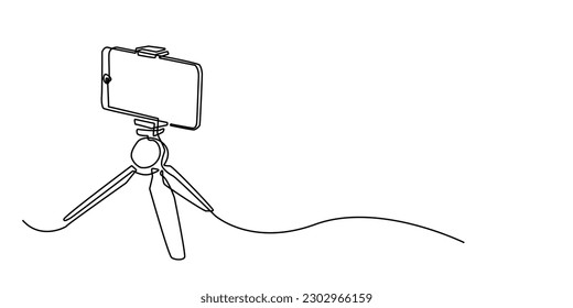 línea continua de smartphone con trípode.vector de línea única de teléfono móvil preparándose para grabar el momento con contenido tripod.creator, videografía, fotografía