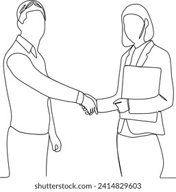 continuous line of a smiling young man shaking hands with his businessman friend