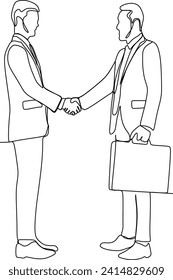 continuous line of a smiling young man shaking hands with his businessman friend