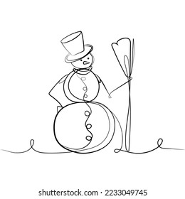 Línea continua de muñeco de nieve en sombrero y escoba en mano Abstract línea ilustración vectorial.Estilo de nieve liner dibujo invierno decoración de vacaciones diseño para tarjetas, impresión, cubierta, afiche, banner,coloreado 