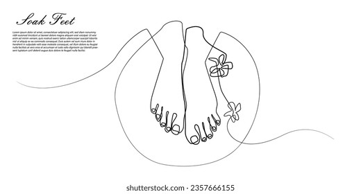 continuous line of soaking feet.one line drawing of woman doing body care .ancestral herbs,beauty body scrub.isolated white background