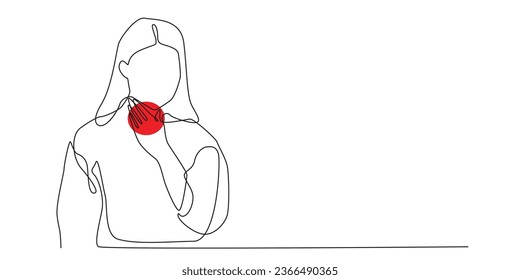 línea continua de dolor de garganta.vector línea única de la mujer sosteniendo el cuello debido a dolor de garganta.fondo blanco aislado