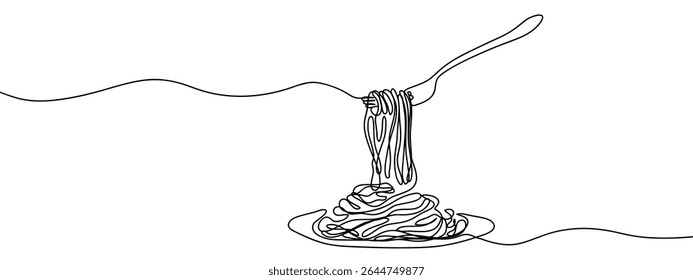Continuous line, spaghetti rolled on a fork, food illustration Simple art lines on transparent background.