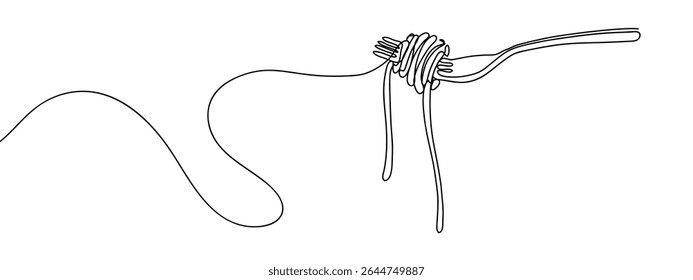 Continuous line, spaghetti rolled on a fork, food illustration Simple art lines on transparent background.