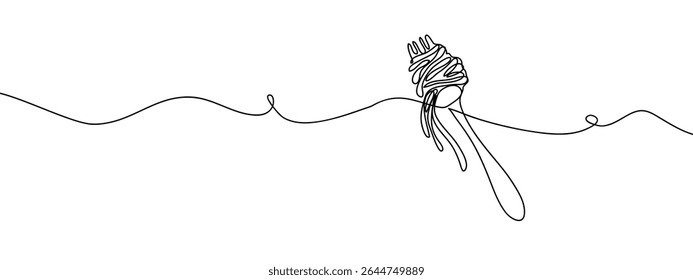 Continuous line, spaghetti rolled on a fork, food illustration Simple art lines on transparent background.