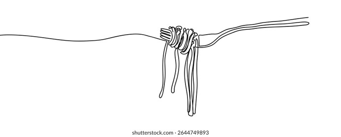Continuous line, spaghetti rolled on a fork, food illustration Simple art lines on transparent background.
