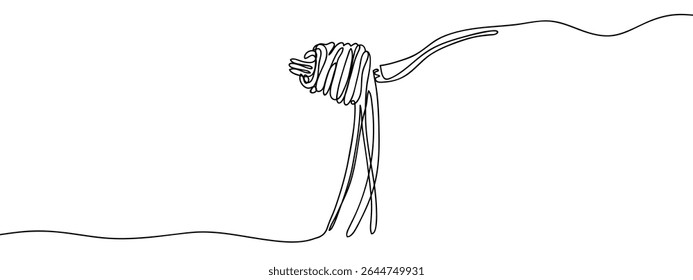 Continuous line, spaghetti rolled on a fork, food illustration Simple art lines on transparent background.