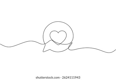 Continuous line speech bubbles drawing, bubble chat with a heart continuous one line art, Single line drawing of speech bubbles. Simple continuous one line bubble chat with a heart.
