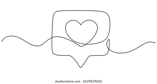 Continuous line speech bubbles drawing. Simple bubble chat with a heart .Talk bubbles one line drawing. Speech clouds with a like continuous line, Positive Feedback Continuous Line Editable.