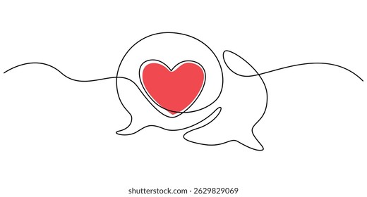 Continuous line speech bubbles drawing. Simple bubble chat with a heart .Talk bubbles one line drawing. Speech clouds with a like continuous line, Positive Feedback Continuous Line Editable.