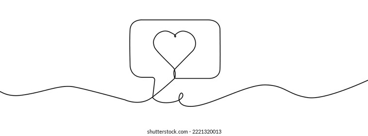 Continuous line speech bubbles drawing.Simple one line bubble chat with a heart .Talk bubbles one line drawing.Speech clouds with a like continuous line.