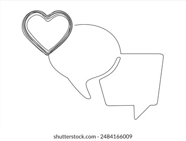 Continuous line speech bubbles drawing.Simple one line bubble chat with a heart .Talk bubbles one line drawing.Speech clouds with a like continuous line.