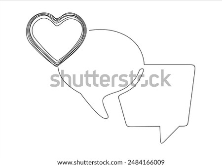 Continuous line speech bubbles drawing.Simple one line bubble chat with a heart .Talk bubbles one line drawing.Speech clouds with a like continuous line.