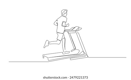 continuous line of sportive man running on a treadmill.one line drawing of a sportive man running on a treadmill in a fitness center or at home.single line vector illustration.