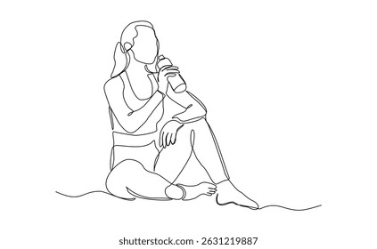 Continuous line of sporty woman drink energy water from bottle. single one line sketch drawing editable stroke of healthy life style. Vector illustration