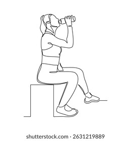 Continuous line of sporty woman drink energy water from bottle. single one line sketch drawing editable stroke of healthy life style. Vector illustration
