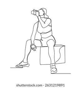 Continuous line of sporty woman drink energy water from bottle. single one line sketch drawing editable stroke of healthy life style. Vector illustration