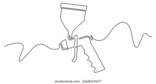 Continuous line spray gun illustration, minimalist one line drawing of paint tool with flowing style, perfect for design projects, logo, decoration, construction themes and creative artworks.
