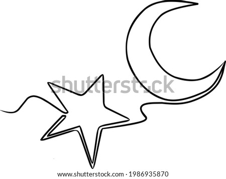 Continuous line star and moon with handdrawn doodle style vector stock illustration