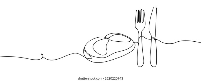 Continuous line, steak, knife and fork Simple lines, transparent background.