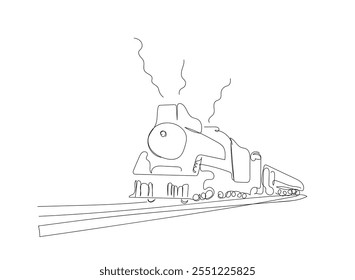 A continuous line of the steam train. A drawn line of an old locomotive vehicle. Smoke transport, historical vehicle concept line, editable outline. 
 Hand made vector not AI.