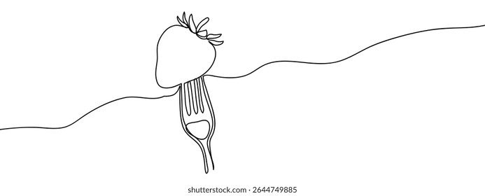 Continuous line of strawberries on a fork Simple art lines on transparent background.