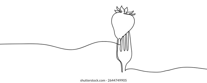 Continuous line of strawberries on a fork Simple art lines on transparent background.