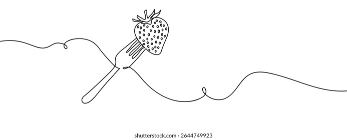 Continuous line of strawberries on a fork Simple art lines on transparent background.
