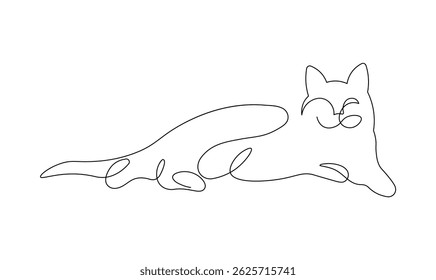 Continuous line stroke illustration of a relaxed cat lying down, staring lazily on a clean white background