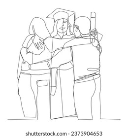 A continuous line of a student who has graduated from college with a happy face while his parents hug him proudly. Vector illustration