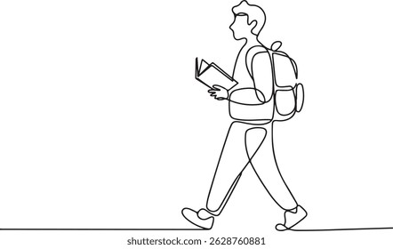 Continuous line style black and white drawing of a person walking with a backpack and holding a book, minimalist pen and ink sketch

