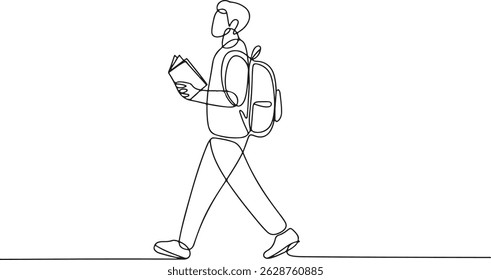 Estilo de linha contínua preto e branco desenho de uma pessoa andando com uma mochila e segurando um livro, caneta minimalista e esboço de tinta

