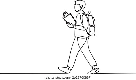 Continuous line style black and white drawing of a person walking with a backpack and holding a book, minimalist pen and ink sketch

