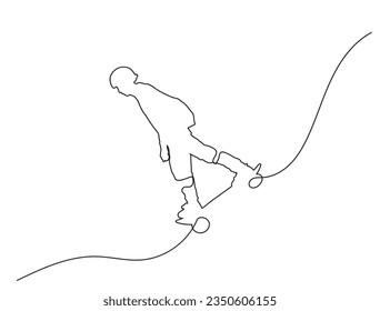 continuous line style illustration of a man riding a skateboard. White background. 