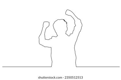continuous line style illustration of a very happy man, sport cheering concept, man celebrating an achievement.