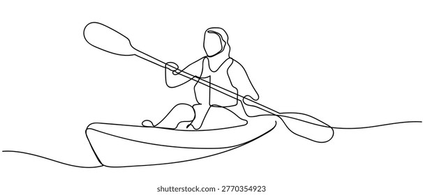 continuous line style People are kayaking. Minimalist vector illustration isolated on white background 