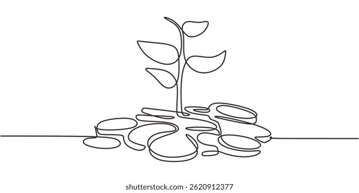 Linha contínua estilo planta Moedas Pilha. Vetor Minimalista do Conceito de Prosperidade do Investimento.