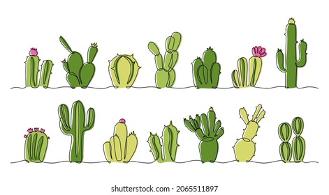 Continuous line succulent. One line collection of doodle interior decoration exotic plants in pots, exotic Mexican wester desert botanical collection. Vector set