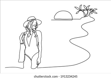 Continuous line summer seaside tourist fun concept swimsuit line style hand drawn illustration simple vector