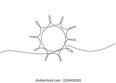 Continuous line sun art. Single line sketch sunny summer travel concept. Icon hot bright sky weather happy holiday vacation element vector illustration