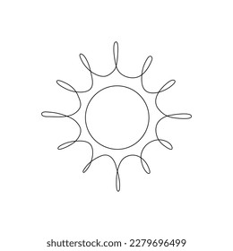 Continuous line sun art. Single line sketch sunny summer travel concept. Icon hot bright sky.