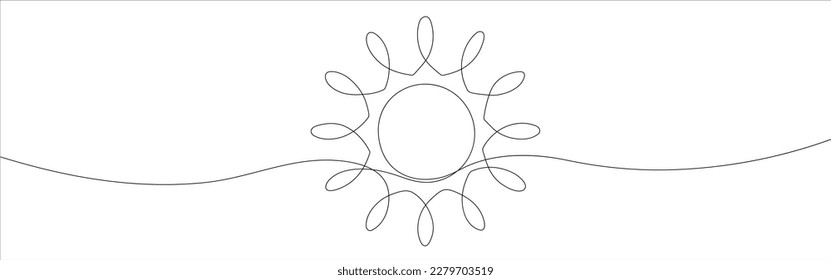 Continuous line sun art. Single line sketch sunny summer travel concept. Icon hot bright sky.