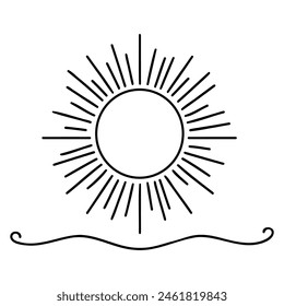 Continuous line sun art. Single line sketch sunny summer travel concept.