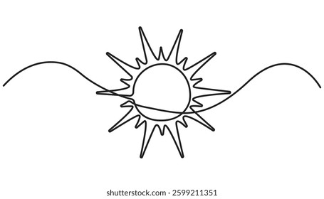 Continuous line sun art. Single line sketch sunny summer travel concept. Icon hot bright sky weather happy holiday vacation